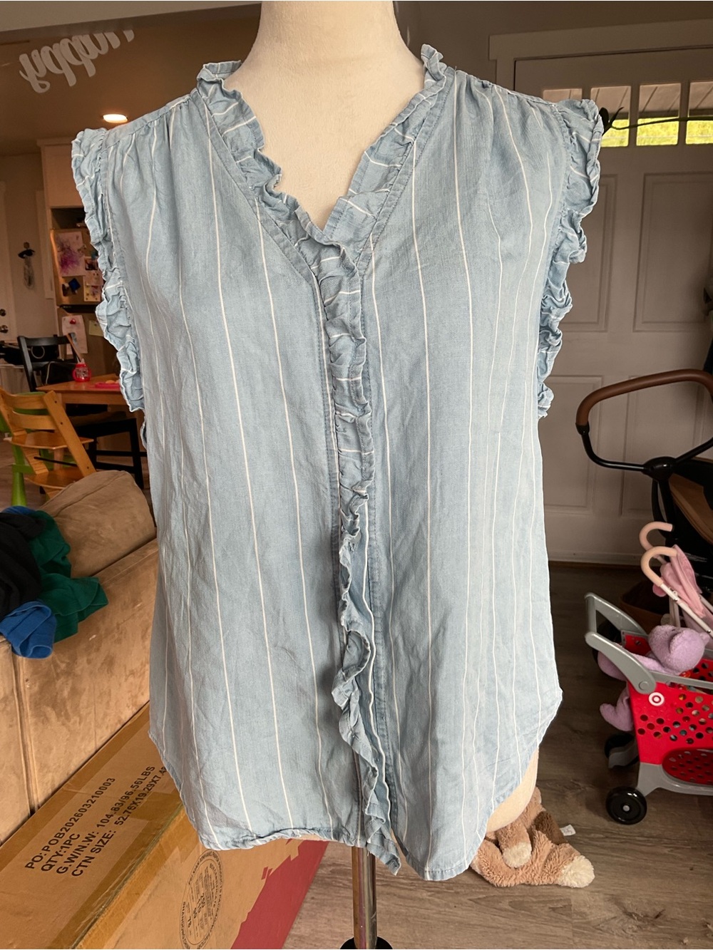 🐬Cupio Light Blue White Pinstriped Ruffle Sleeveless Lyocell Blouse